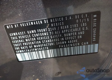 2015 Volkswagen Jetta 1.8T Se from USA, damaged, VIN 3VWD17AJ7FM285278